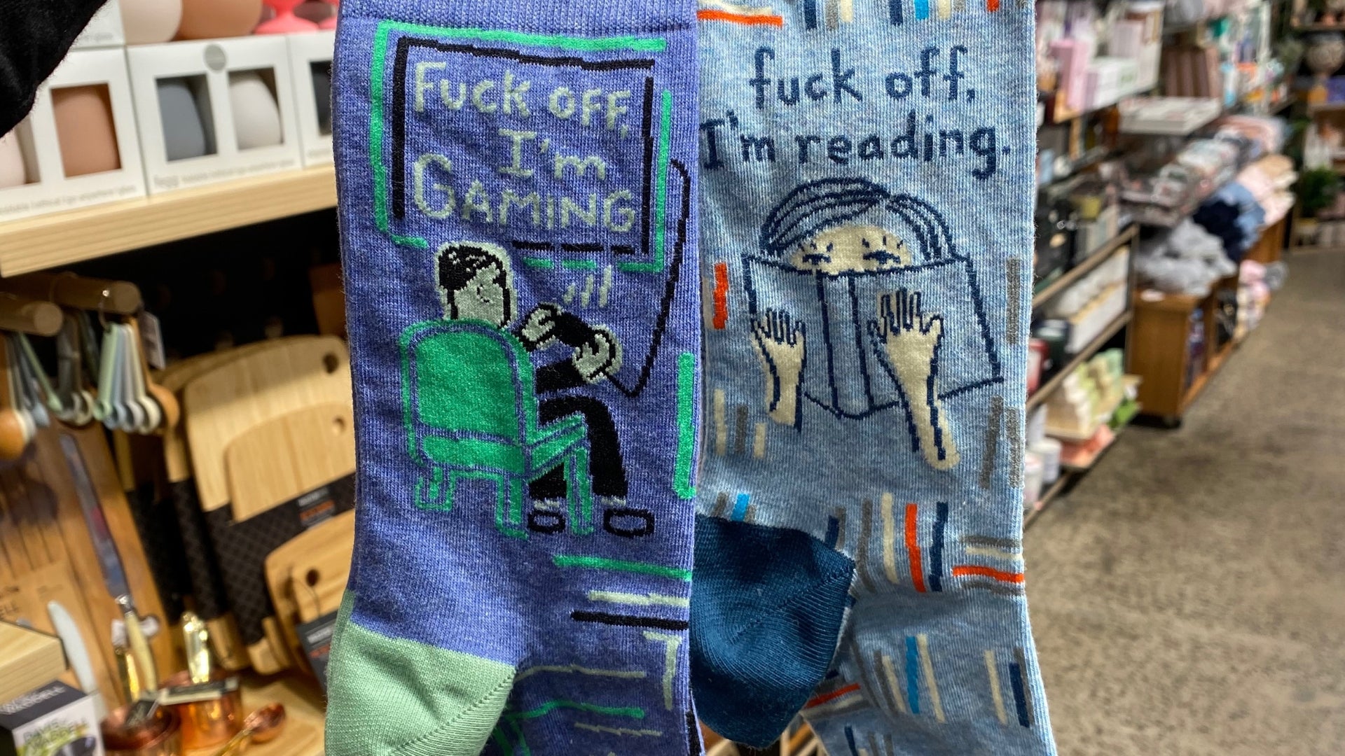 Blue Q gaming and reading socks