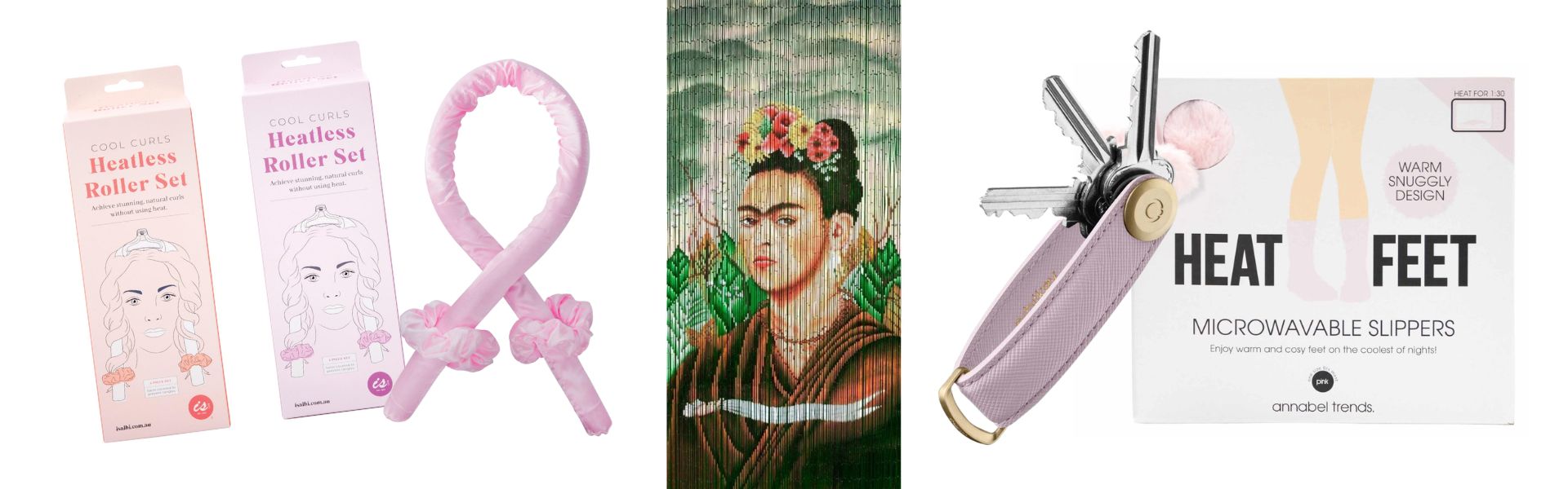 Heatless hair curlers, Frida Kahlo door curtain, Orbitkey and heat slippers