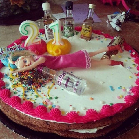 Funny 21st birthday cake drunk Barbie decoration
