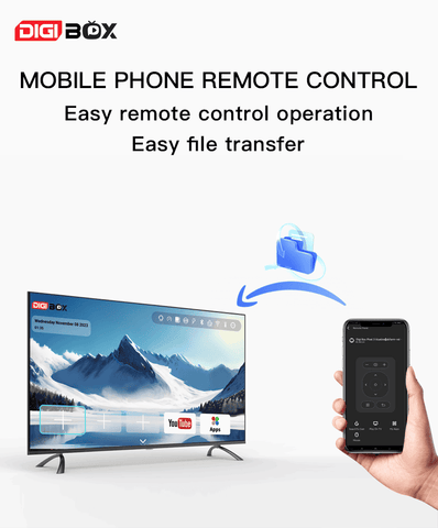 Digibox D3 Plus remote app on phone: Easy file transfer and convenient remote control navigation.