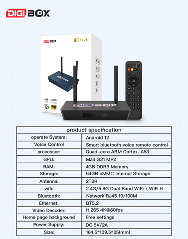 Digibox D3 Plus specifications: Android 12 operating system, voice control,4K video, dual-band WiFi,64GB storage, etc.