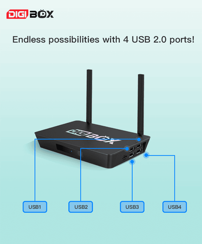 Plug & Play: Digibox D3 Plus TV Box with 4 USB ports for easy setups and media access.