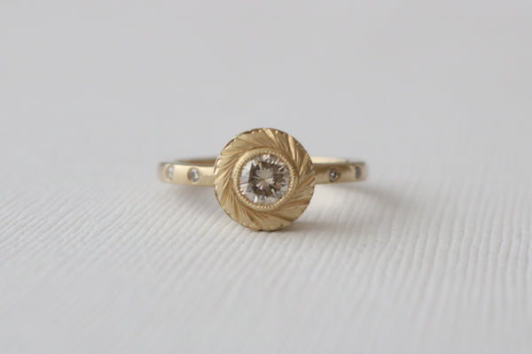 Champagne Diamond Milgrain Hand Engraved Bezel Ring in 14K Matte Yellow Gold