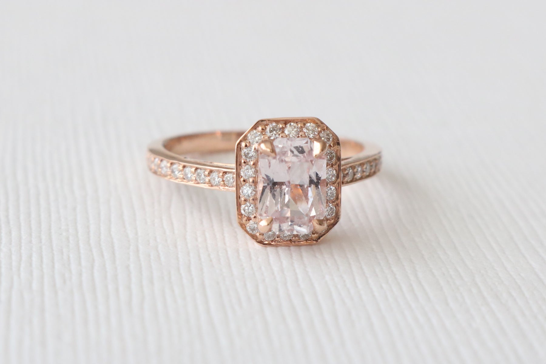 Radiant Cut Light Pink Sapphire Pave' Diamond Halo Ring in 14K Rose Go ...