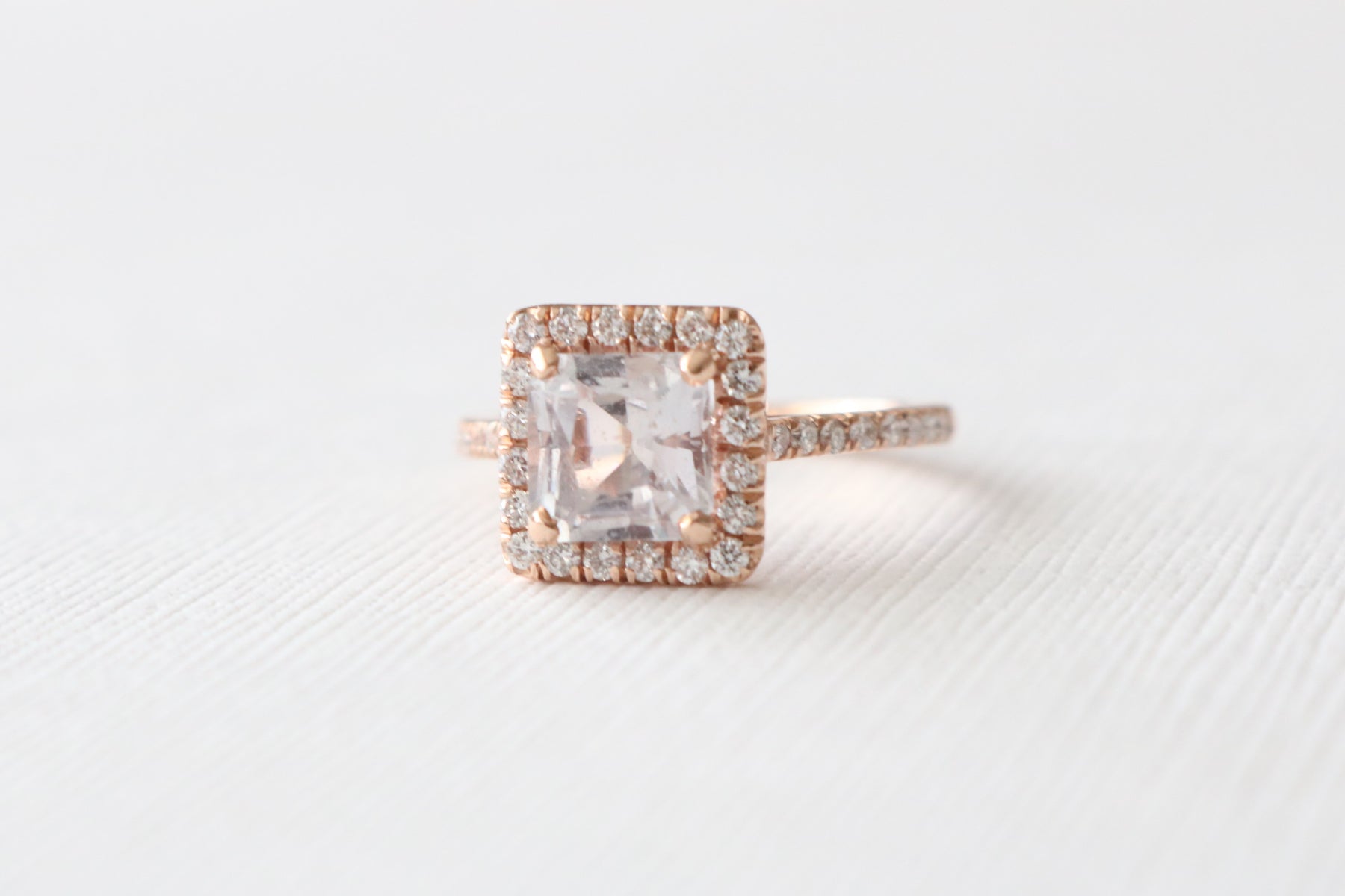 Asscher Cut Light Peach Sapphire Diamond Halo Engagement Ring in 14K R ...