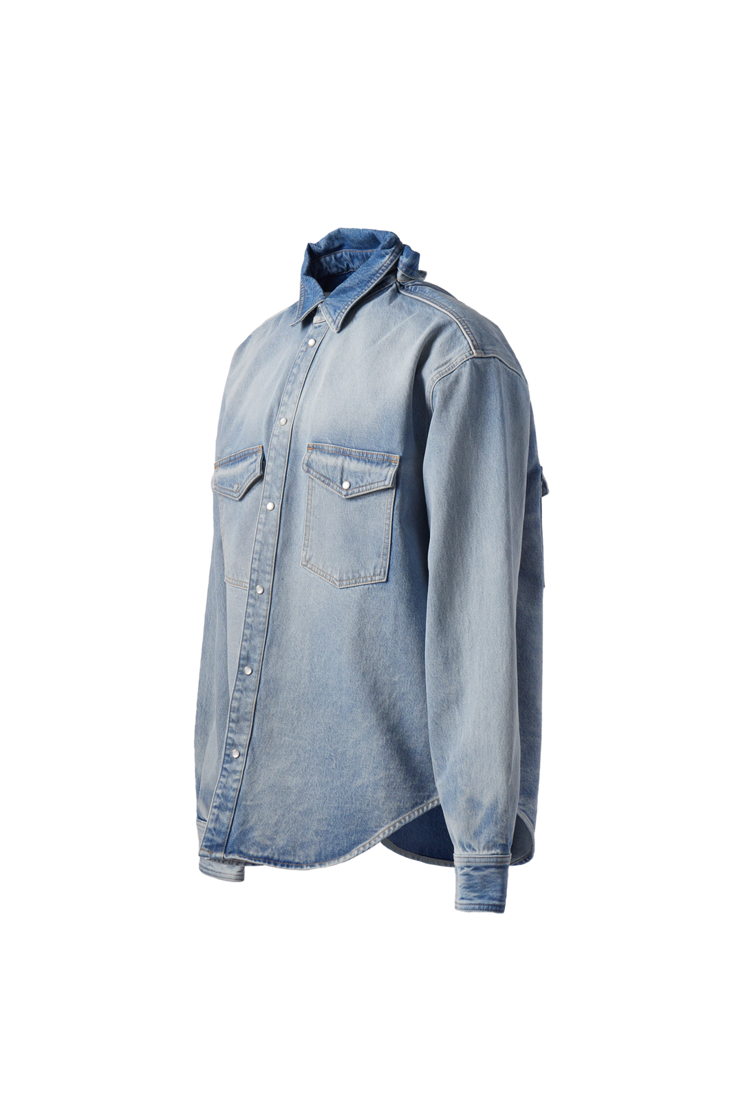 The VETEMENTS - Front-Back Denim Shirt features long sleeves, a button-up front, and two chest pockets.