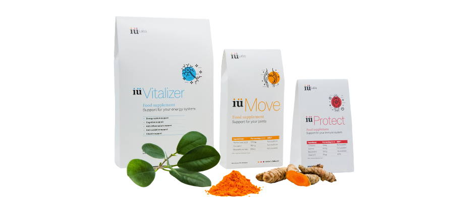 iuLabs product selection with plant compounds, white packaging for iuVitalizer, iuMove and iuProtect