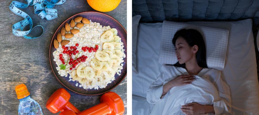 Tape measure, nutritious breakfast with oats bananas and berries, gym weights, second image is a woman sleeping in bed