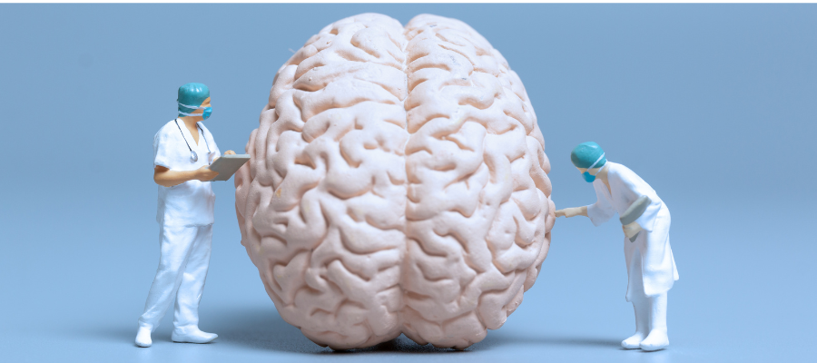 graphic of a brain with two scientists touching it wearing white clothing with a blue background