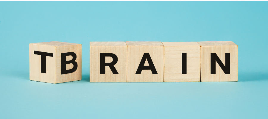 wooden blocks with the words brain and train on them with a blue background