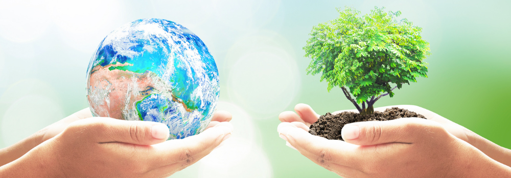 Two pair of hands facing each other, on holding planet earth, the other one a tree
