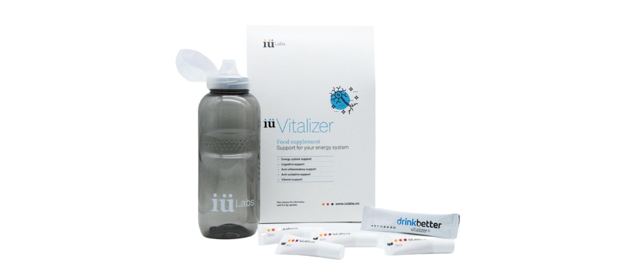 iuvitalizer natural energy drink by iulabs, blue and white packaging with iuLabs water bottle, on a white background