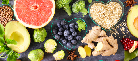 healthy food, grapefruit, blueberries, ginger, avocado, and broccoli