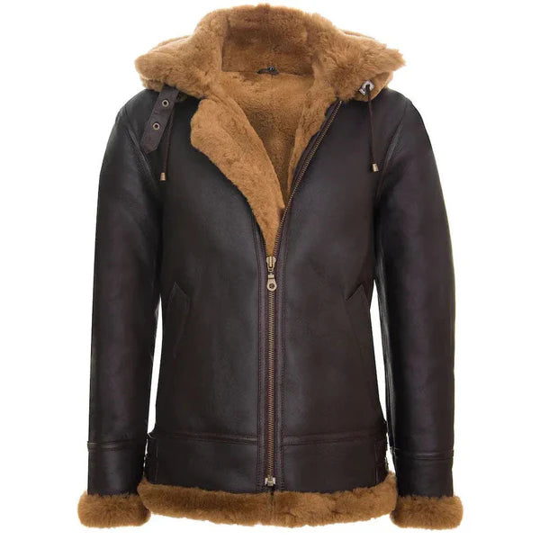 Men’s Brown Shearling Sheepskin Coat With Detachable Hood