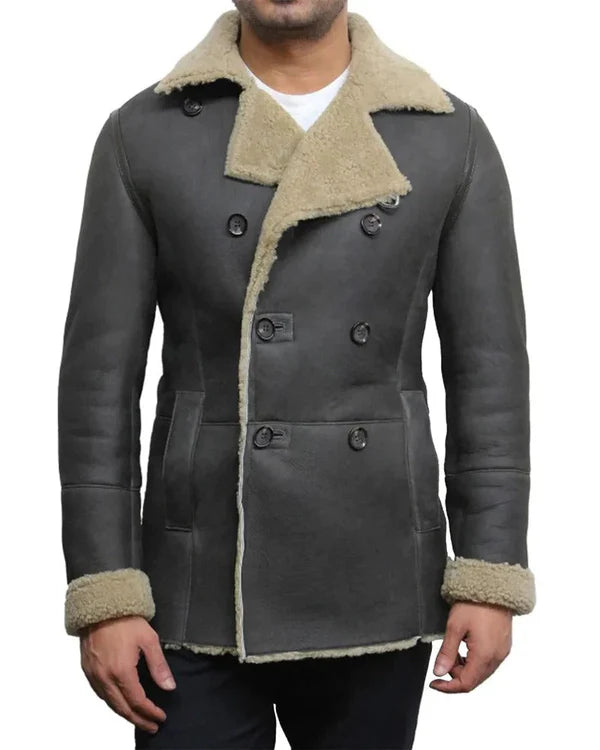 Men’s Grey Unique Shearling Sheepskin Leather Fur Coat