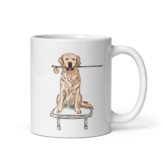 White/Yellow Lab Fly Fishing Coffee Mug