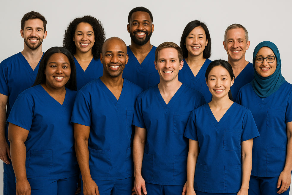 Healthcare students wearing embroidered scrubs