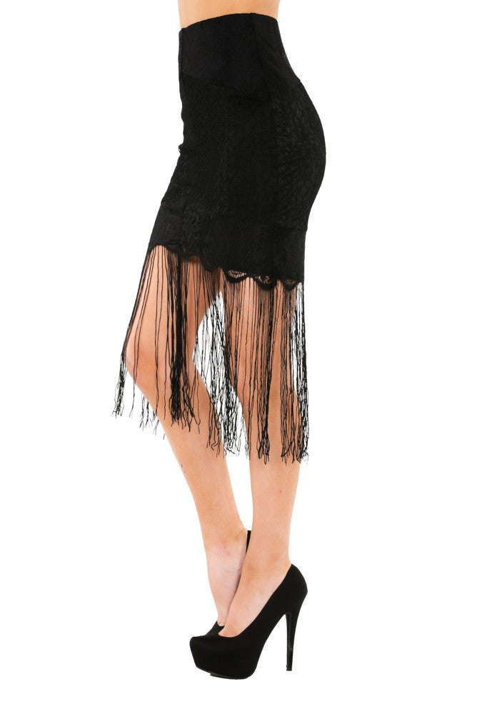 Naughty Grl Lace Mini Skirt With Fringe - Black | NaughtyGrl