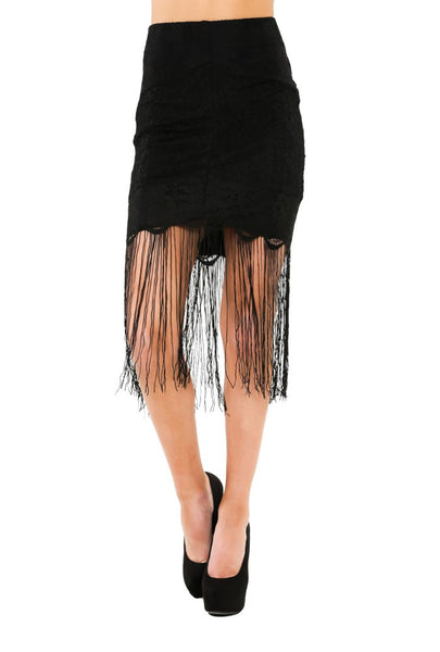 Naughty Grl Lace Mini Skirt With Fringe - Black | NaughtyGrl