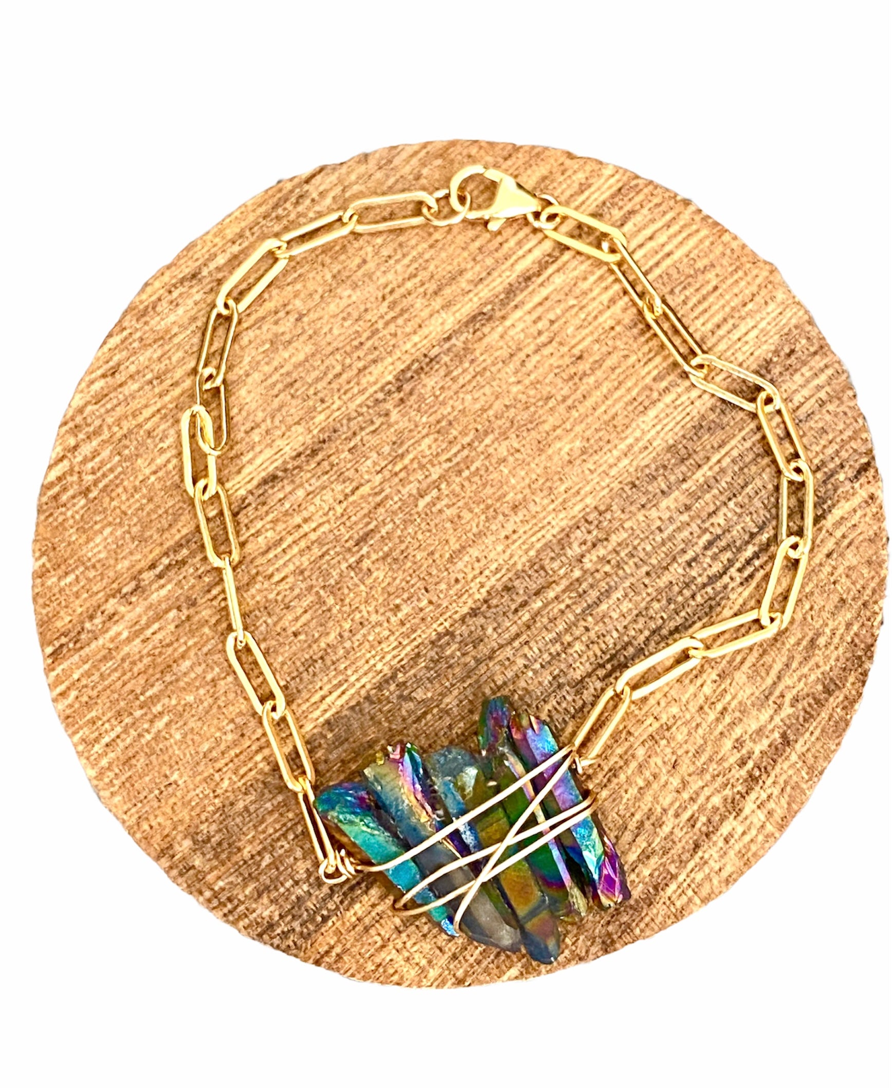 Blue rainbow Quartz wire wrapped chain bracelet