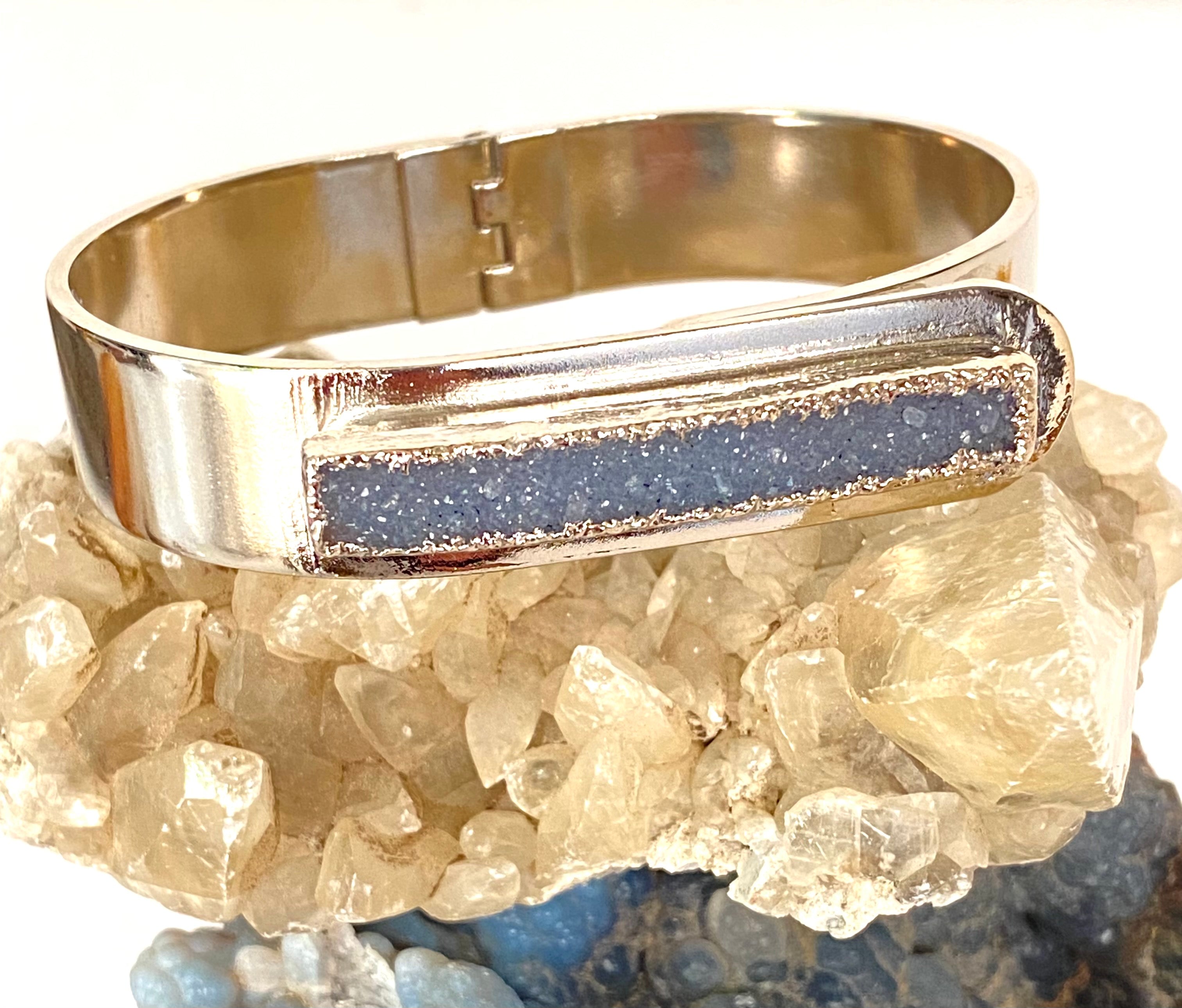 Blue druzy bar silver bracelet