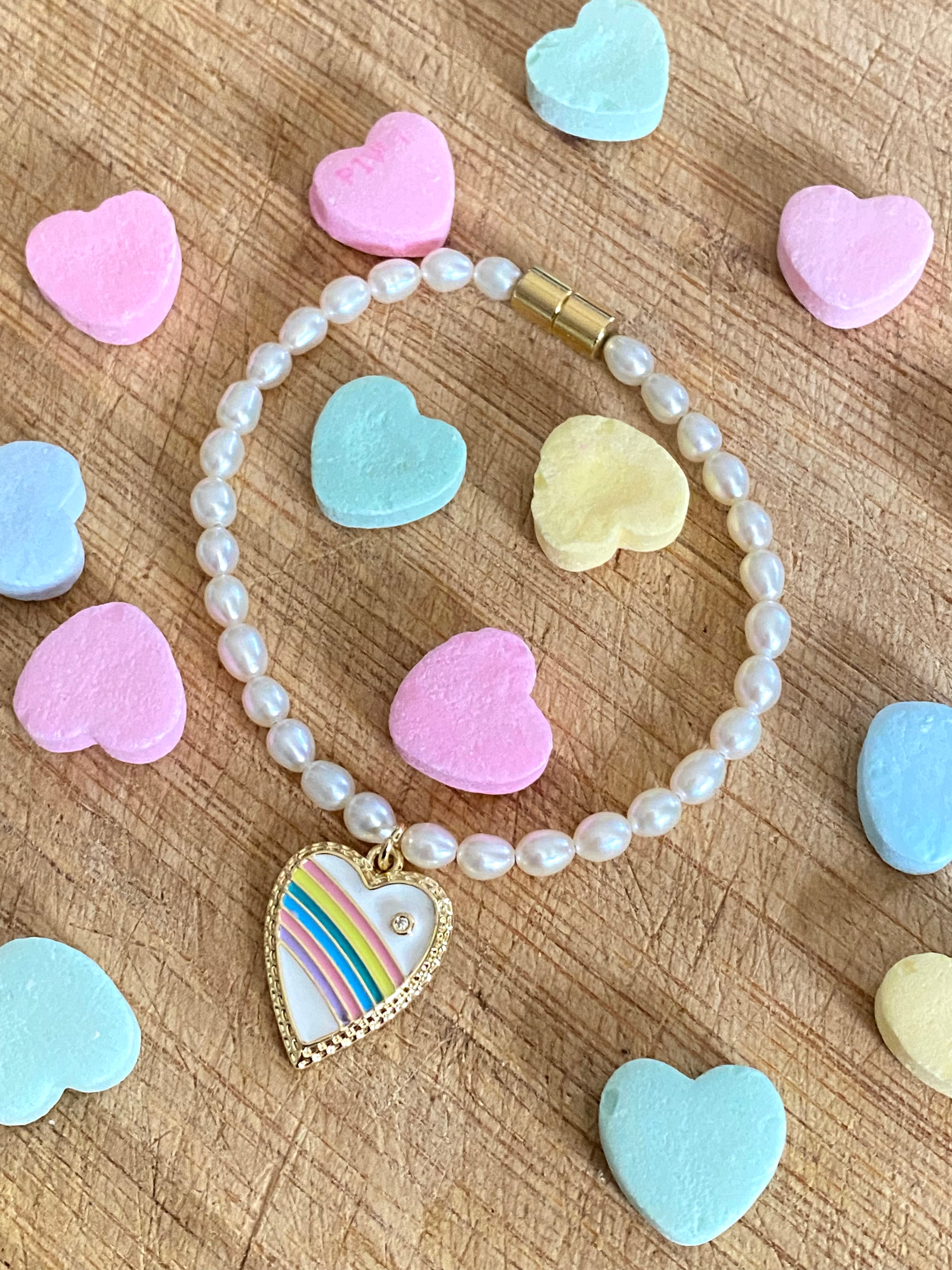 Freshwater pearl & heart rainbow charm bracelet