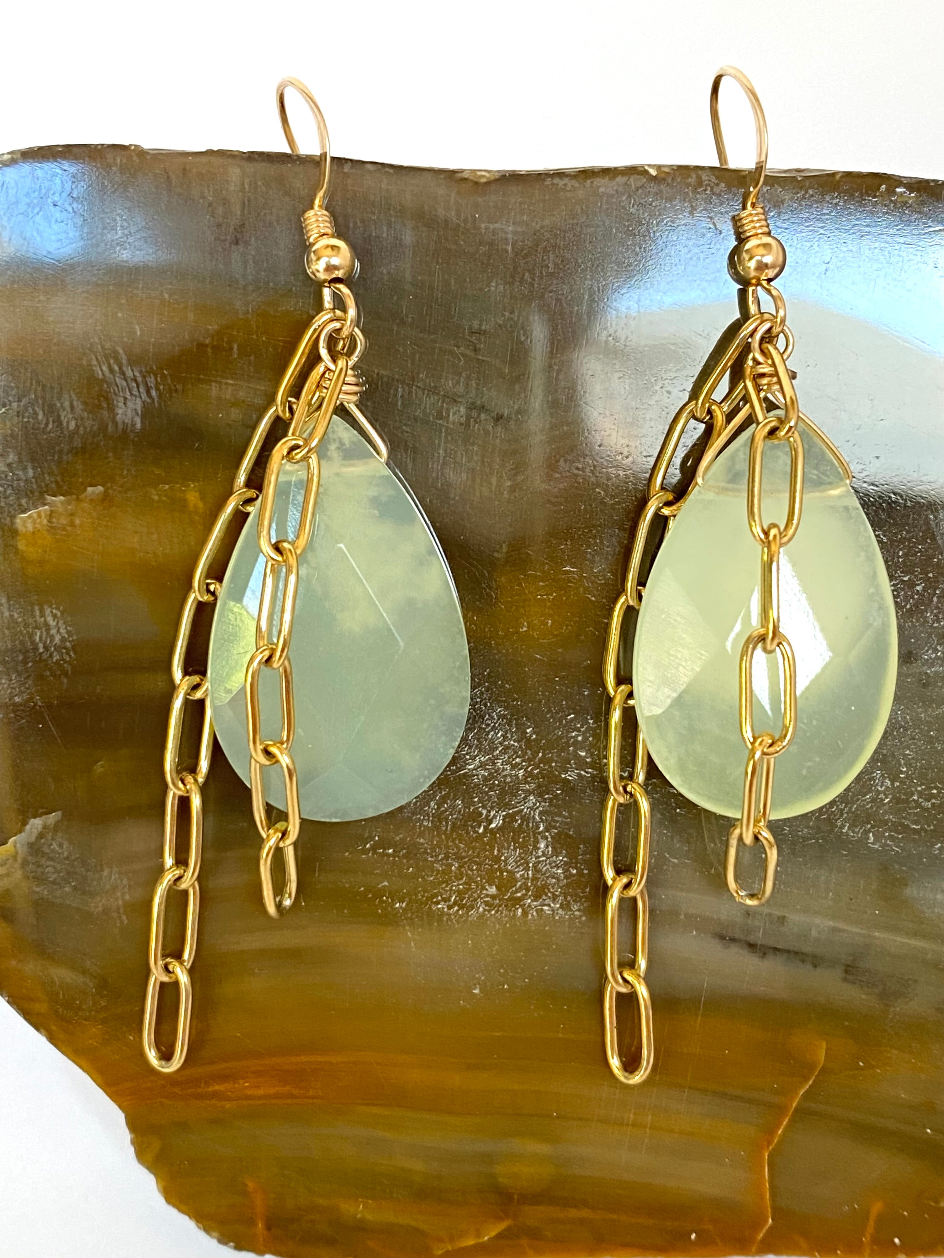 Jade teardrop and chain tassel earrings