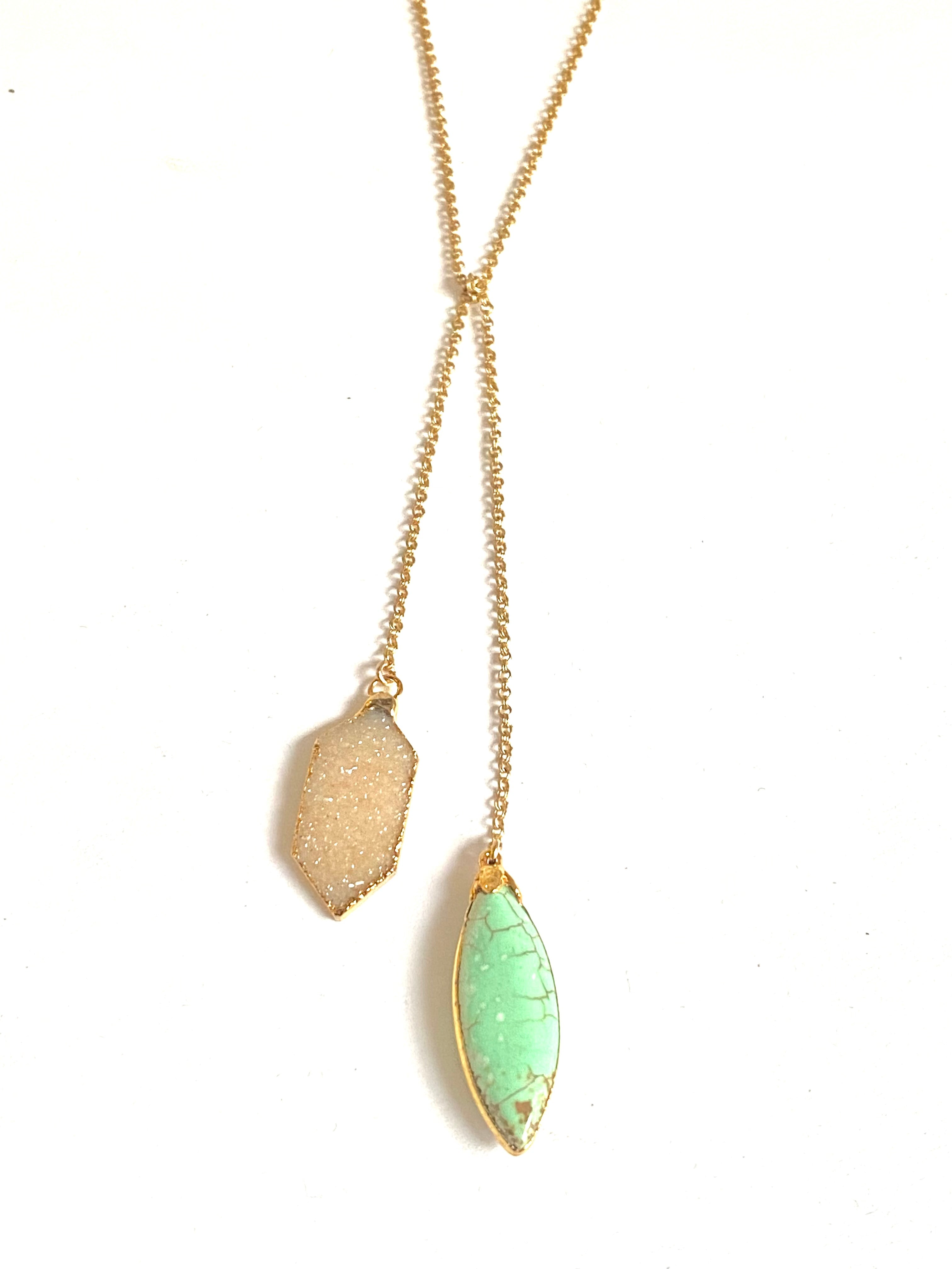Green turquoise and druzy wrap lariat