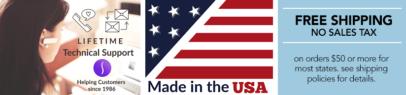 Free Lifetime Tech Support, Made in the USA & Shipping Policies Logos