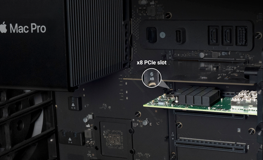 Twin25G PCIe Card Installed In Mac Pro 2019 x8 PCIe Slot