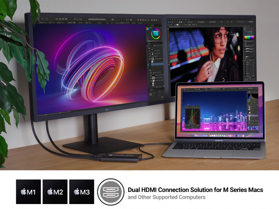 M2 MacBook Air Connected to USB-C to Dual 4K 60Hz HDMI Adapter and Two 4K Displays