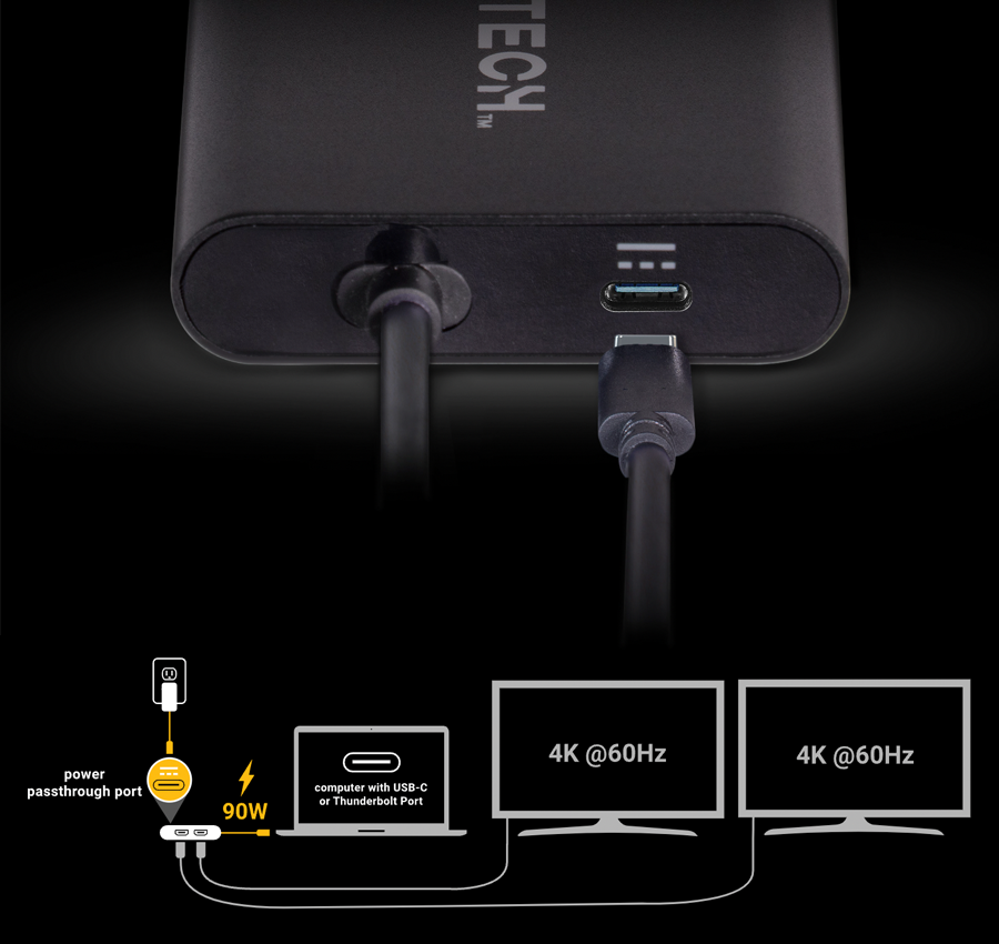 USB-C to Dual 4K 60Hz HDMI Adapter Power Passthrough