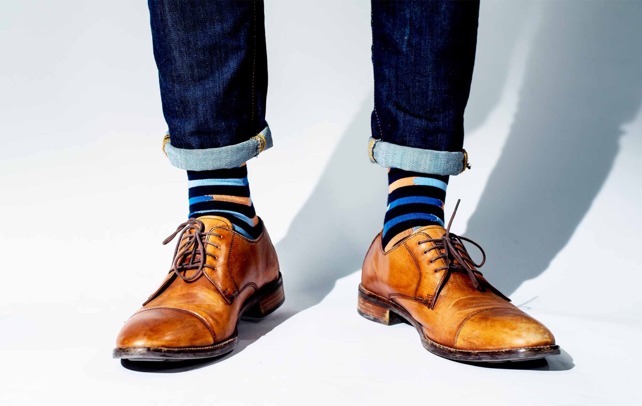 Pair Colorful Socks with Brown Shoes 