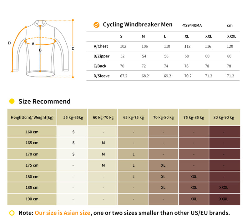 running jacket size chart