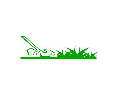 An infographic of a push lawn mower mowing the grass (in green color)