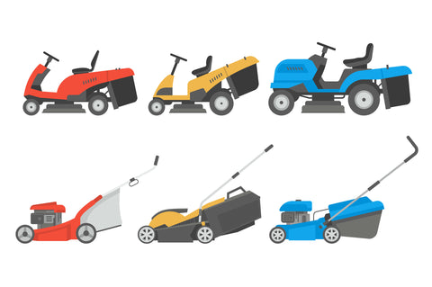 colorful different types of lawn mowers