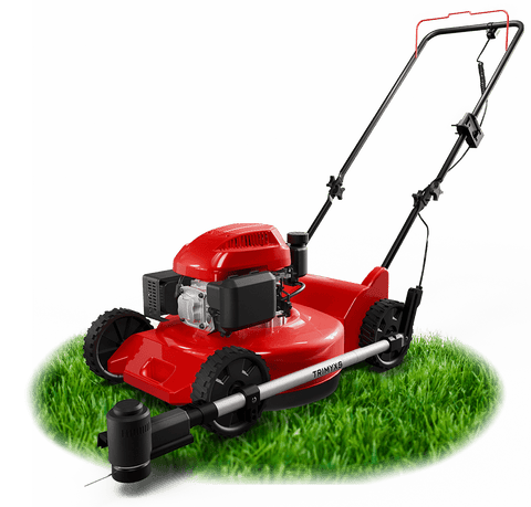 3-D image of a push lawn mower with the Trimyxs attached