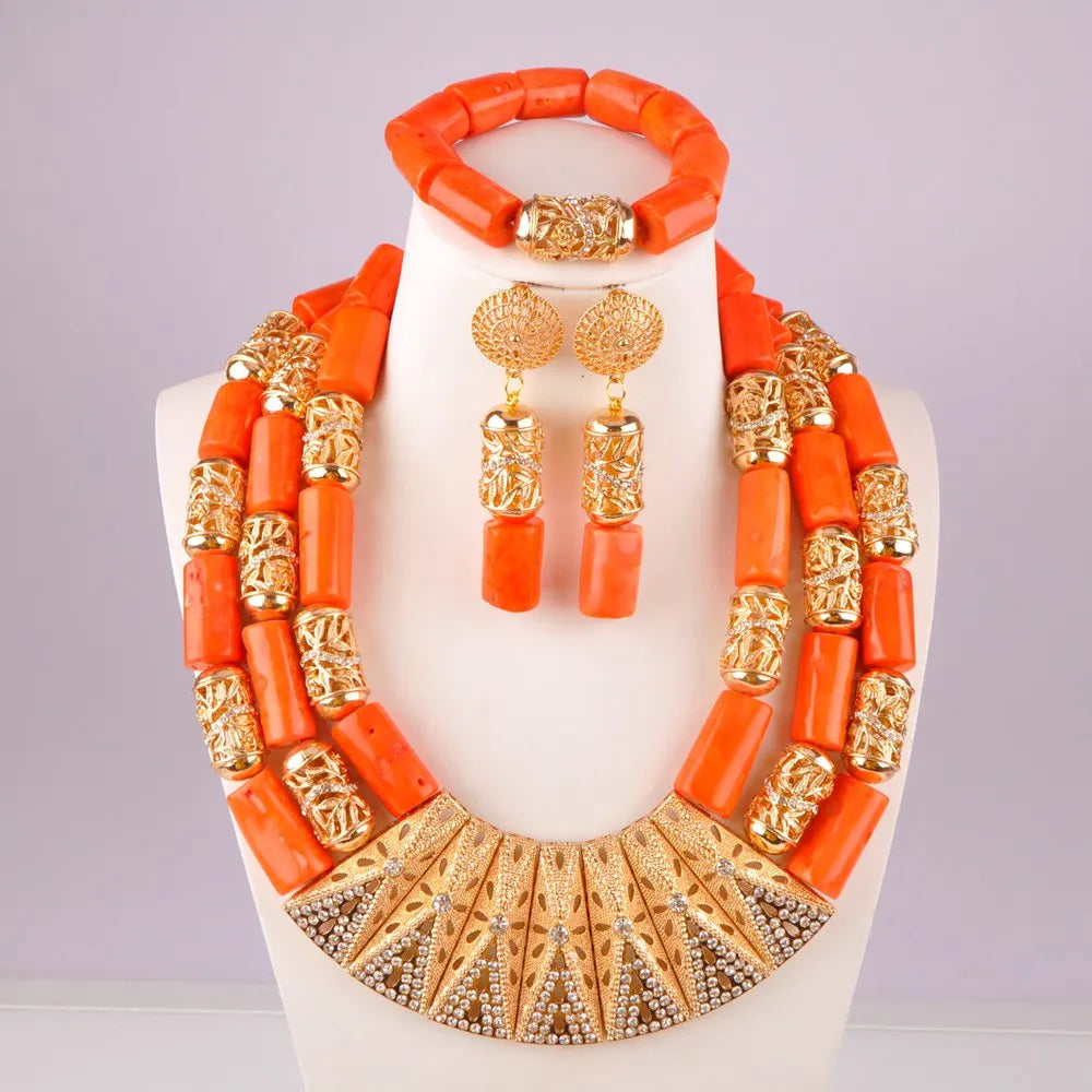splendid orange nigeria coral beads necklace african jewelry set bridal wedding - Picture 27 of 30