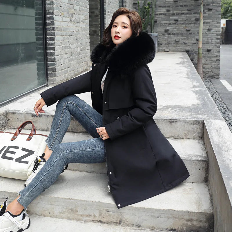 Women's Winter Parka Hooded Fur Collar Jacket - Picture 27 of 29