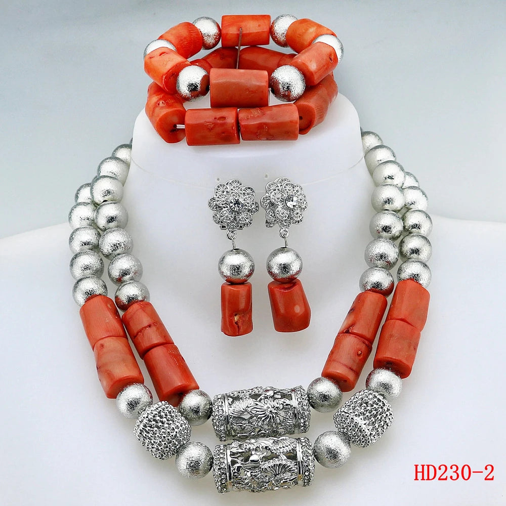 Double Layeres Original Coral Nigerian Wedding Beads Jewelry Set Women Coral - Picture 5 of 10