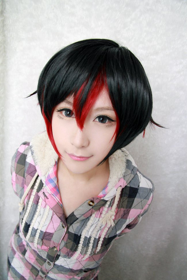 red and black cosplay wig