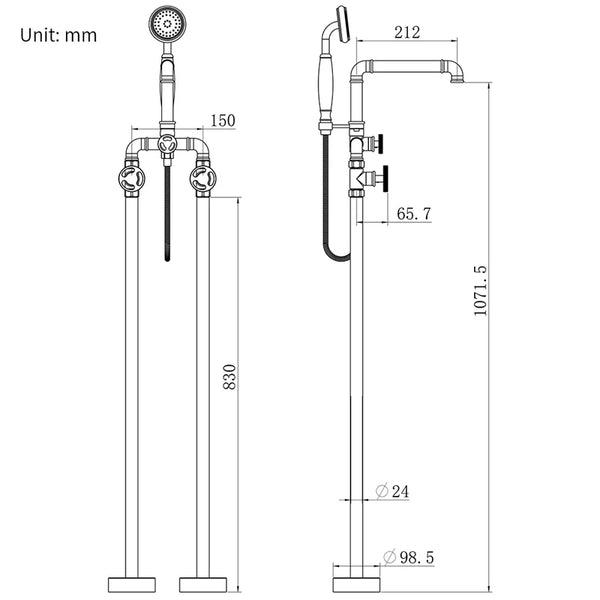 Standing Faucet & Shower Kit Dimensions