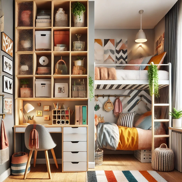 Dorm room with vertical storage