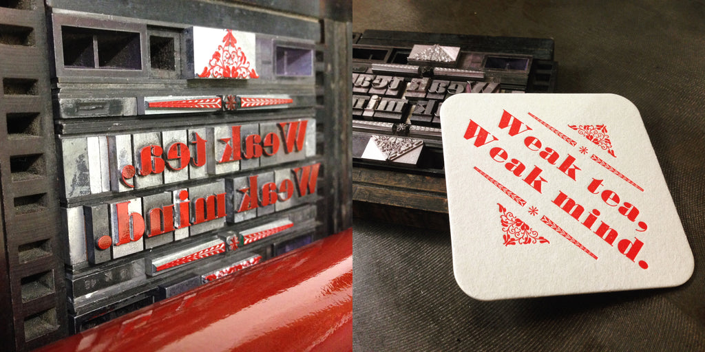 Letterpress coasters printed with metal type on a Mostly Flat workshop