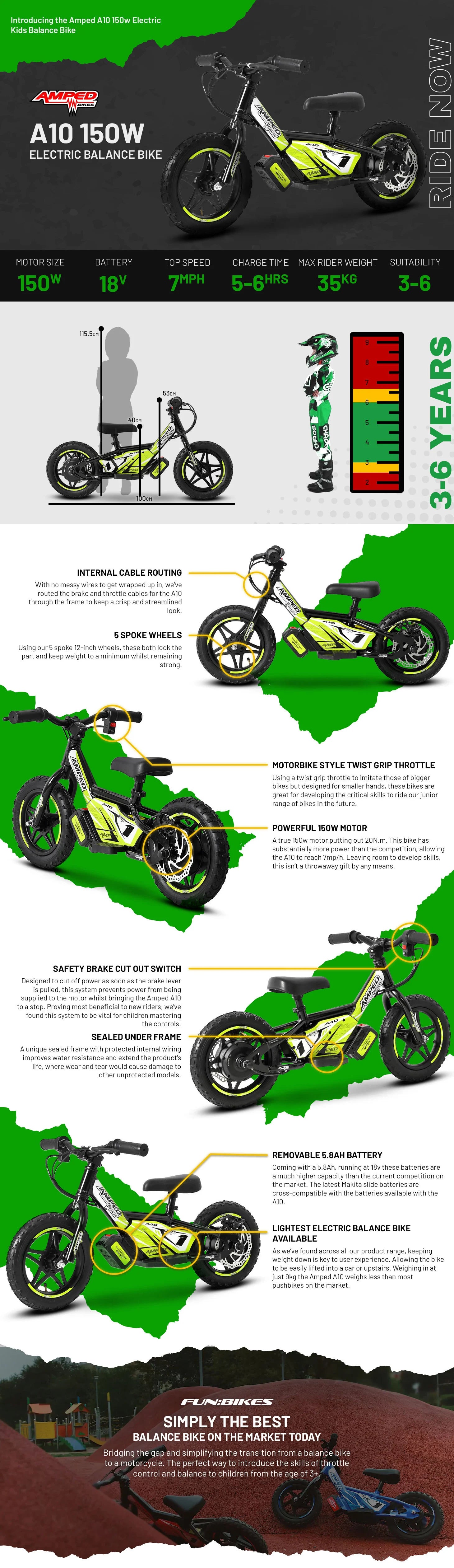 Amped A10 Black 150w 18v 5.2ah Li Kids Electric Balance Bike