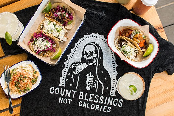 Pyknic Count Blessings Not Calories Our Lady of Guadalupe Day of the Dead Taco T-shirt