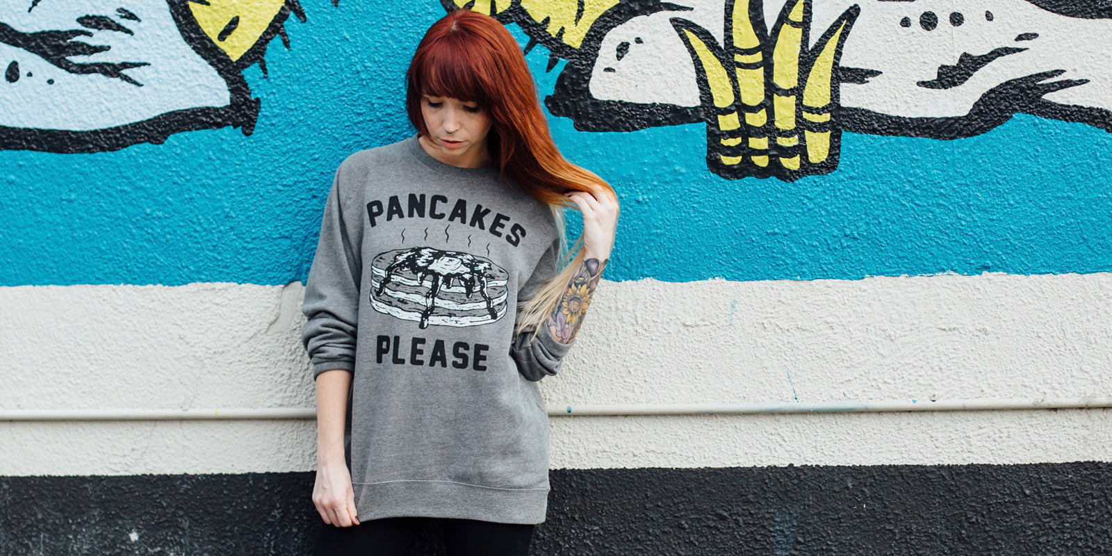 Pancakes Please Women's Vintage Raglan Crewneck Sweatshirt for Breakfast Brunch Foodie Food Lovers