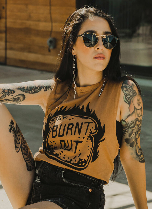 Burnt Out Women's Graphic Muscle Tee. Food Shirt. Cotton | Pyknic