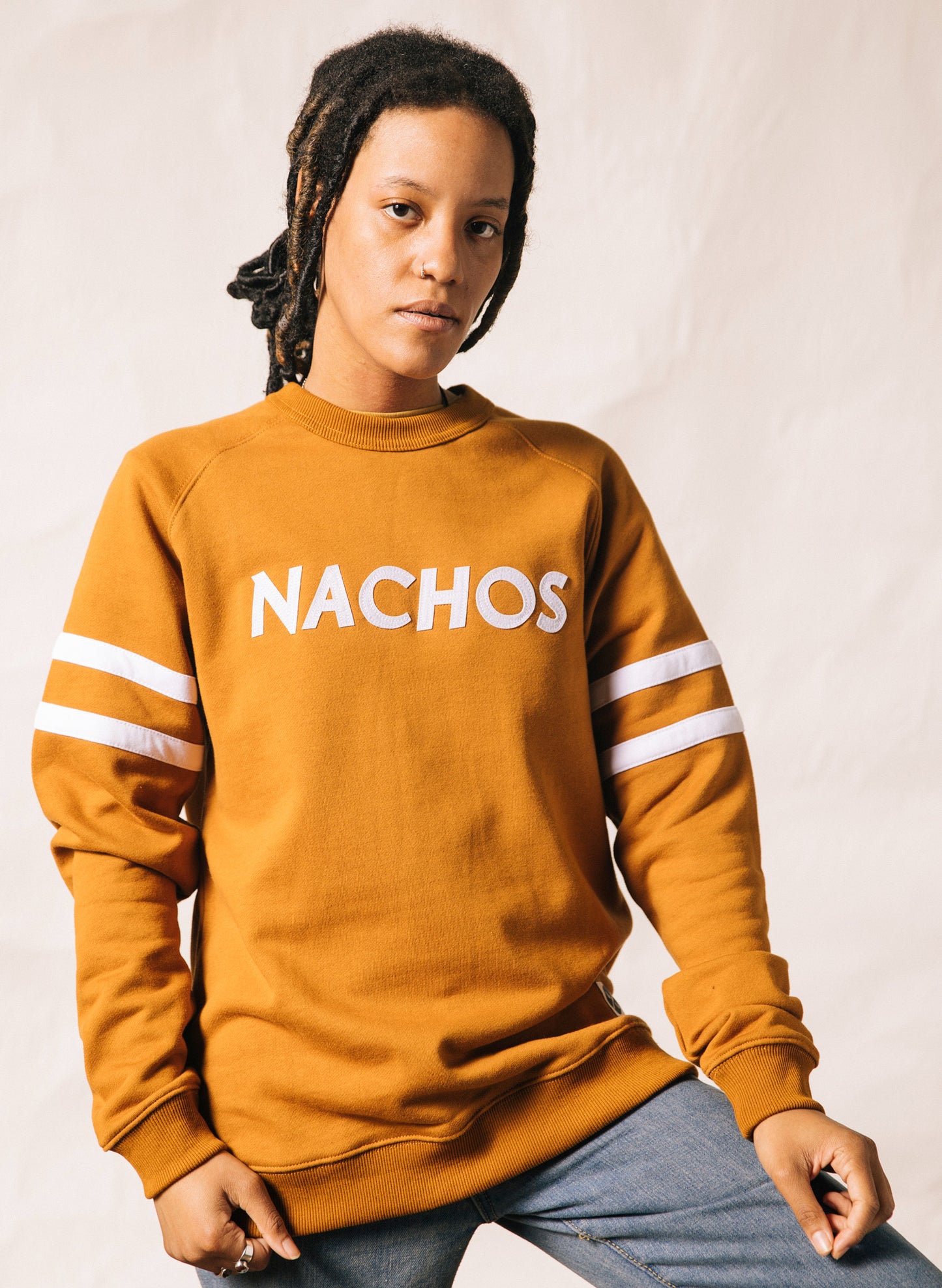 NACHOS Felt Letter Vintage Style Hemp Organic Cotton Crewneck Sweatshirt for Mexican Food Lovers and Foodies
