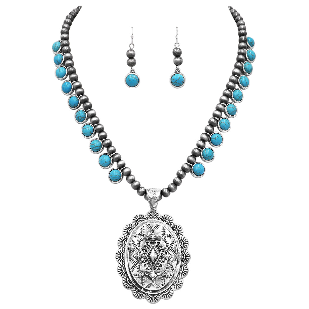 Santa Rosa Fashion Oval Concho & Turquoise Lariat Necklace